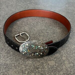 Genuine Alligator Black Leather Belt with Silver 925 Mosaic Buckle